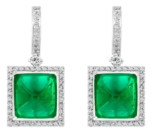 32Carat Natural Zambian Emerald Sugar Loaf Cabochon & Diamond/Drop Earrings 18KG