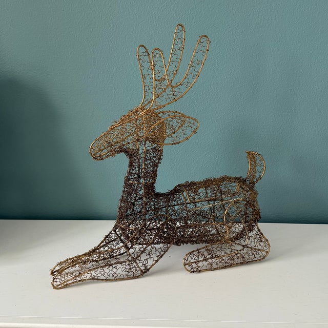 Large Vintage Goldtone Metal Cage Woven Wire Reindeer Holiday Decoration For Sale In Saint Louis - Image 6 of 7