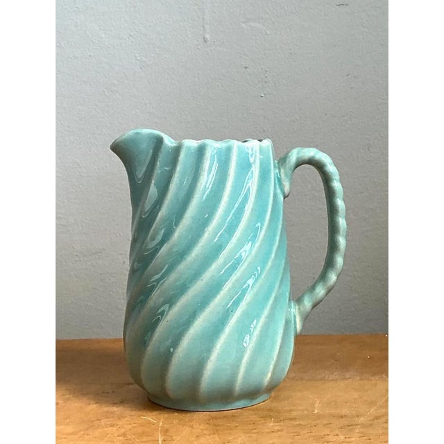 Vintage Aqua Swirl Ceramic Pitcher For Sale - Image 12 of 12
