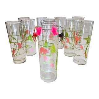 1950s Federal Glass Pink Elephant & Chartreuse Monkey Highball Cocktail Glasses - Set of 11 With Charms For Sale