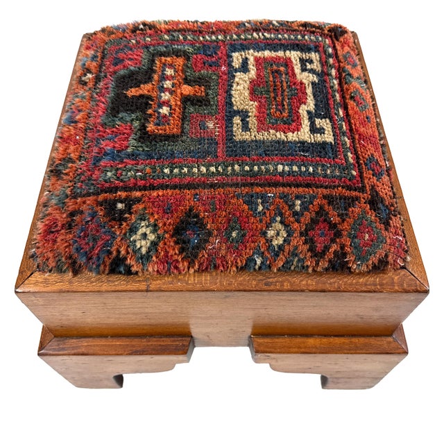 Wood Antique 1920s Handmade Oak Wood Spanish Colonial Revival Arts & Crafts Footstool W/ Hand-Knotted Rug Seat For Sale - Image 7 of 17