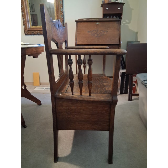 Late 19th Century American Quarter-Sawn Golden Oak Gothic Revival Throne Chair With Storage For Sale - Image 9 of 9