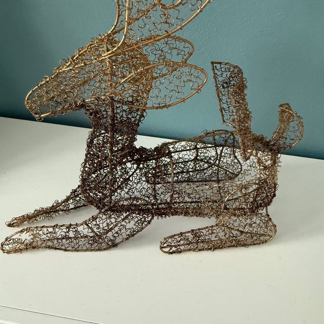 Large Vintage Goldtone Metal Cage Woven Wire Reindeer Holiday Decoration For Sale - Image 4 of 7