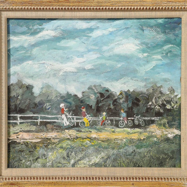 Mid-Century Modern Expressionist Mid-Century Landscape of Cyclists in Oil on Canvas For Sale - Image 3 of 12
