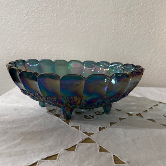1970s Vintage Indiana Iridescent Carnival Glass Blue Grapefruit Footed Bowl For Sale - Image 5 of 9