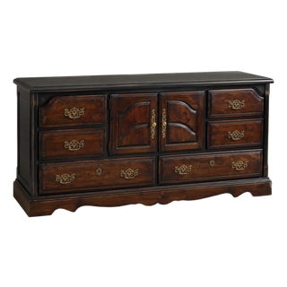 1960s Monumental Mediterranean Revival Solid Pine Dresser in Onyx Black & Coffee Mahogany For Sale