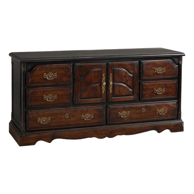 1960s Monumental Mediterranean Revival Solid Pine Dresser in Onyx Black & Coffee Mahogany For Sale