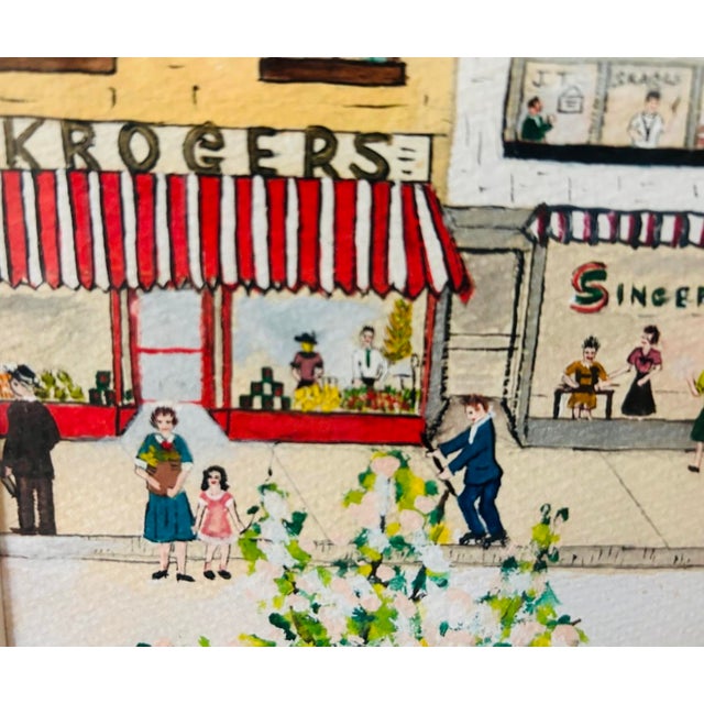 American Folk Art Watercolor Townscape, Main Street c.1958 For Sale - Image 10 of 12