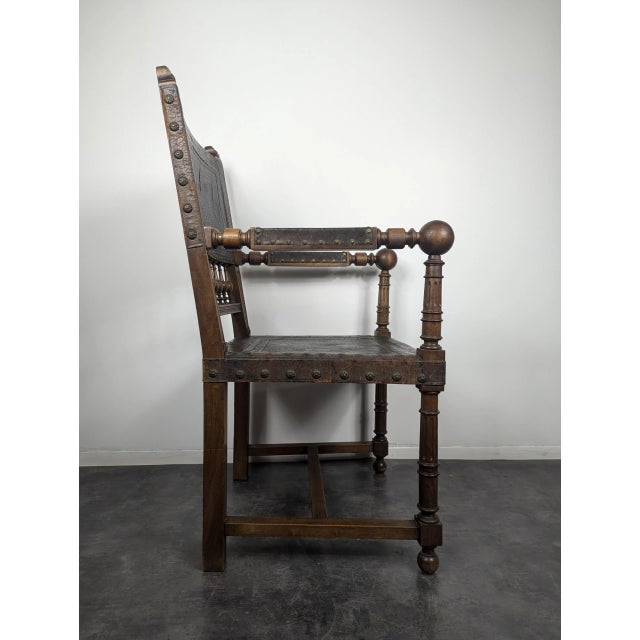 Renaissance Style Leather Armchair For Sale - Image 3 of 5