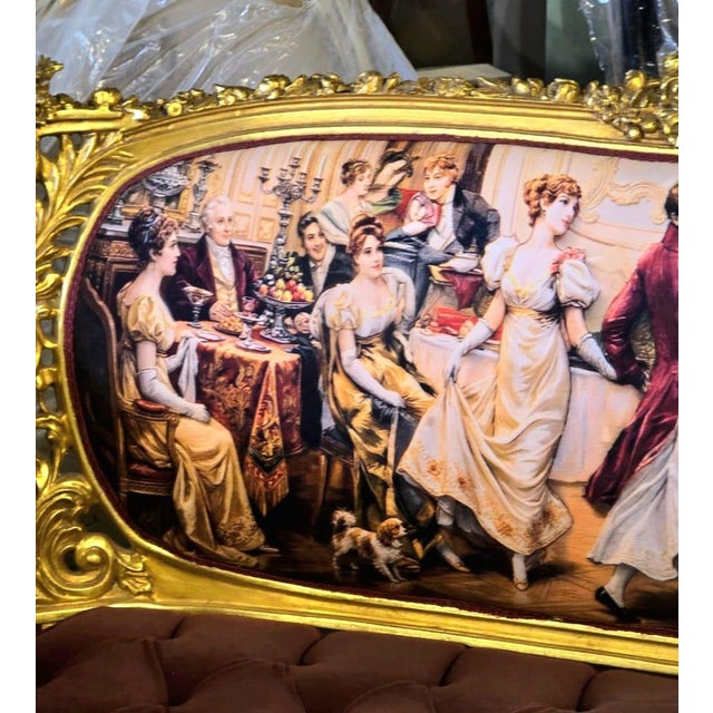 Grand French Louis XV Burgundy Velvet Sofa With Romantic Ballroom Tapestry & Hand-Gilded Frame For Sale - Image 4 of 5