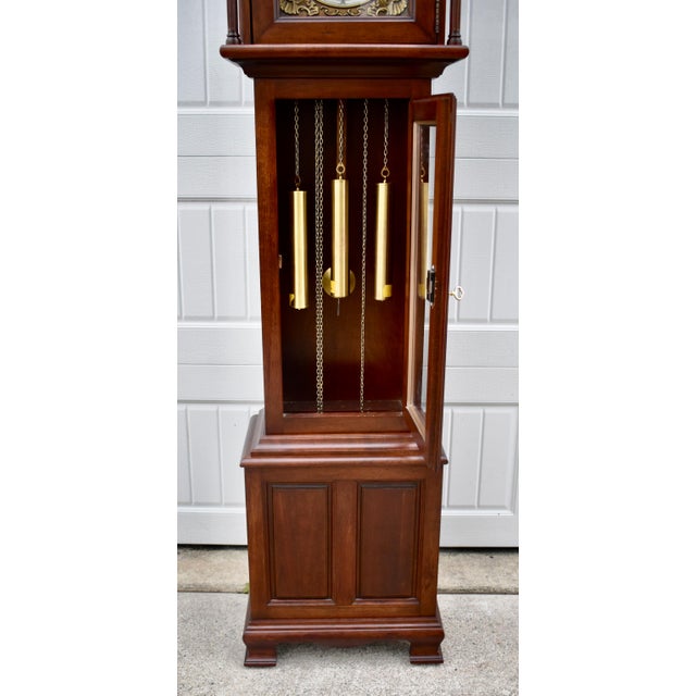 Traditional Mahogany Grandmother Clock Vintage Mechanical Embossed Dial For Sale - Image 10 of 18