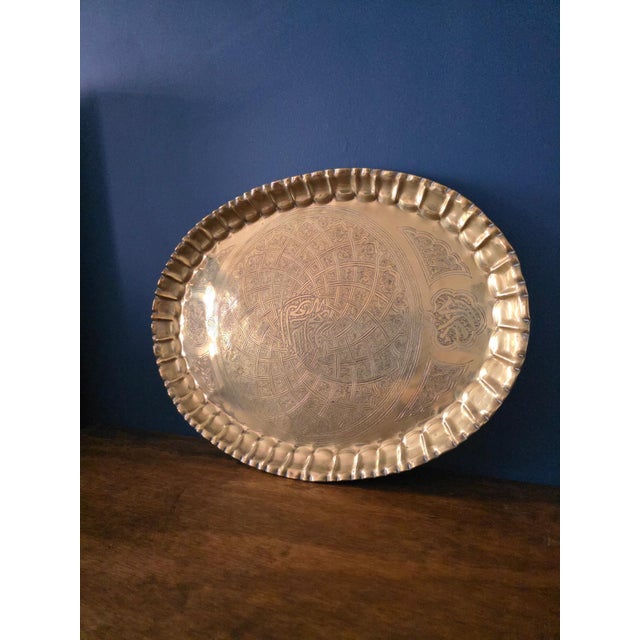 Large Vintage Islamic Hand Engraved Brass Tray With Arabic Calligraphy For Sale - Image 4 of 18