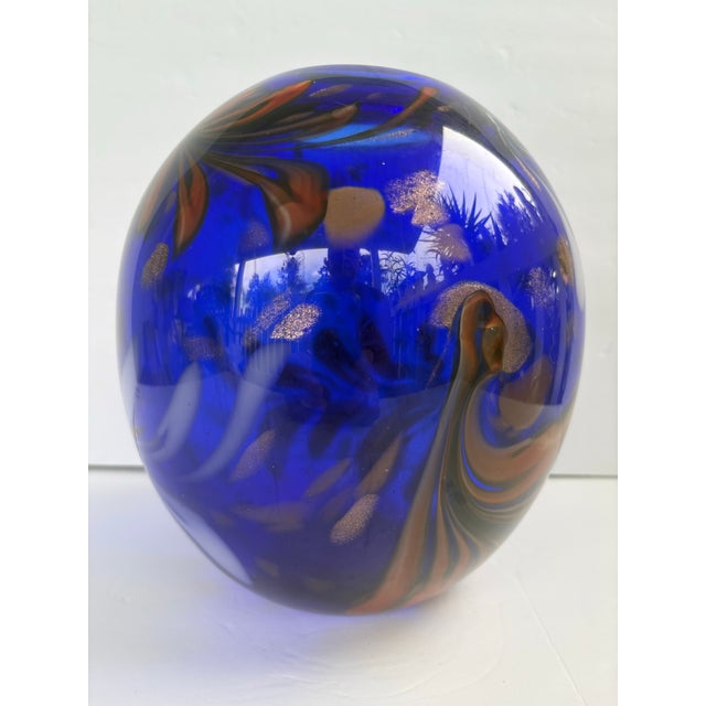 Mid 20th Century Cobalt Blue Art Glass Vase With Multicolor Swirls and Gold Sparkle, Murano Style For Sale - Image 4 of 7