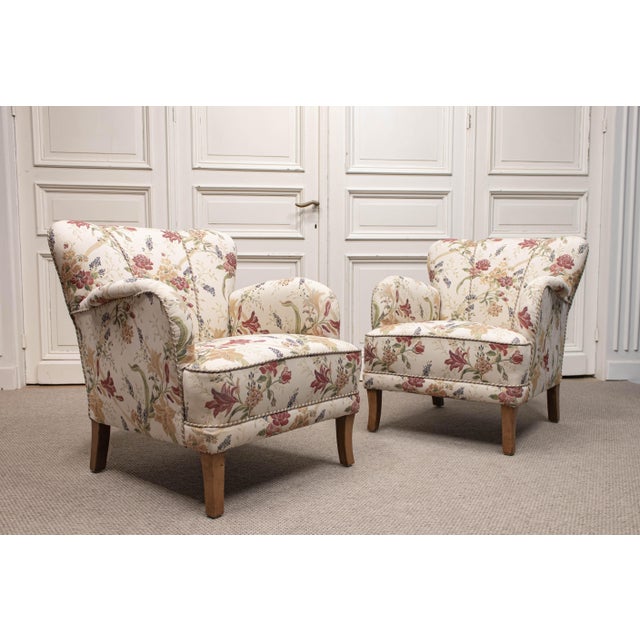 Art Nouveau Swedish Grace Lounge Chairs in Floral Jacquard, 1940s, Set of 2 For Sale - Image 16 of 16