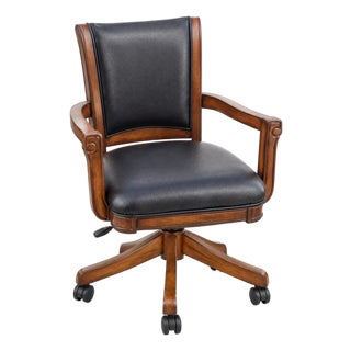 Vintage Traditional Black Leather Executive Swivel Desk Chair With Walnut Finish For Sale