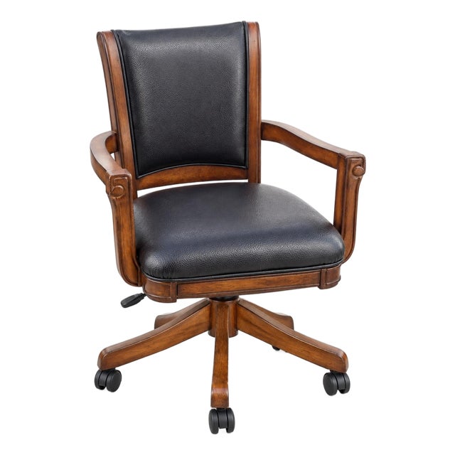 Vintage Traditional Black Leather Executive Swivel Desk Chair With Walnut Finish For Sale
