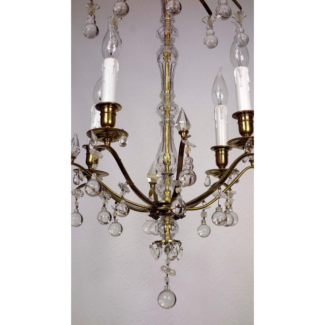 Metal Antique French Brass and Glass Drop Chandelier from Unbekannt, 1940s For Sale - Image 7 of 12