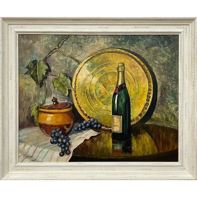 Vintage Champagne Bottle With Grapes Still Life Oil Painting by 20th Century Artist, 1985 Circa For Sale
