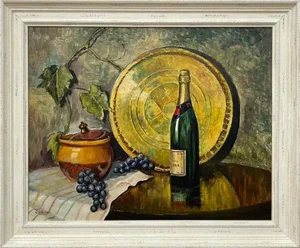 Vintage Champagne Bottle With Grapes Still Life Oil Painting by 20th Century Artist, 1985 Circa