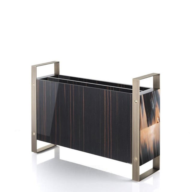 Animal Skin Dante Magazine Rack in Lacquered Black Wood and Leather and Steel by Arcahorn For Sale - Image 7 of 7