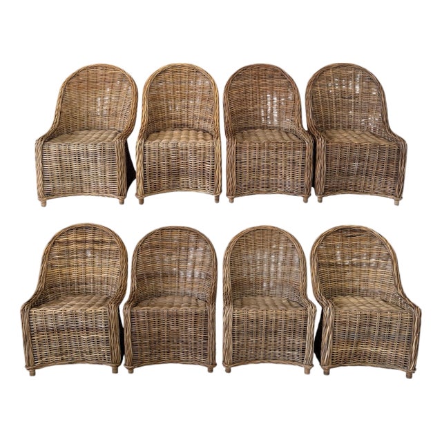Set of 8 Organic Modern Rustic Coastal Braided Rattan Dining Chairs For Sale