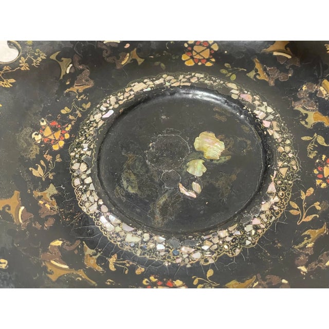 Antique 1800's Inlaid Mother of Pearl Bronze Paper Mache French Centerpiece Dish For Sale - Image 13 of 13