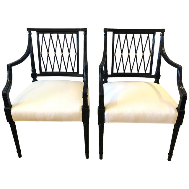 Regency Style Very Sophisticated Ebonized Lattice Back Armchairs For Sale