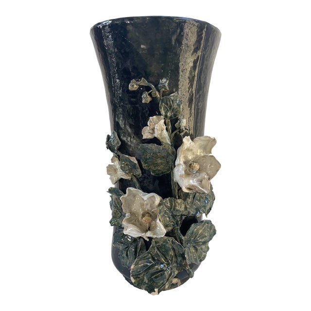 Grand Monumental French Barbotine Faience Floral Floor Vase For Sale