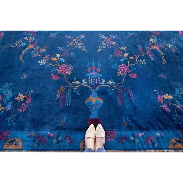 1920s 1920s Antique Chinese Art Deco Rug Medallion Botanical Royal Blue Hand Knotted Manchester Wool Rug - 12’3” X 14’5” For Sale - Image 5 of 10
