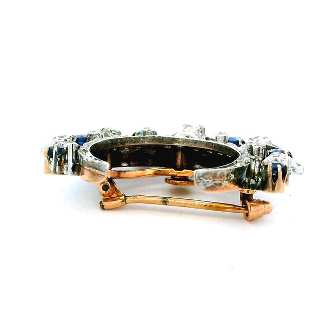 Victorian Diamond & Sapphire Crescent Moon Brooch in 18K Gold and Platinum For Sale In Miami - Image 6 of 16