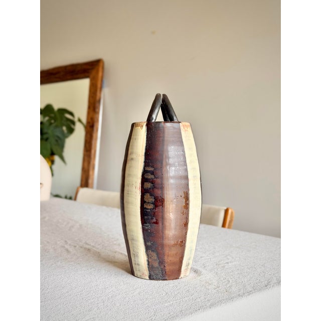 Mid 20th Century Studio Pottery Loop Handle Vessel, Hand-Thrown Ceramic Vase, Earth Tone Glaze, Organic Modern Sculptural Form For Sale - Image 11 of 11