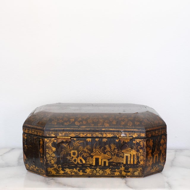 19th Century 19th Century Chinese Black Lacquer Sewing Box For Sale - Image 5 of 6