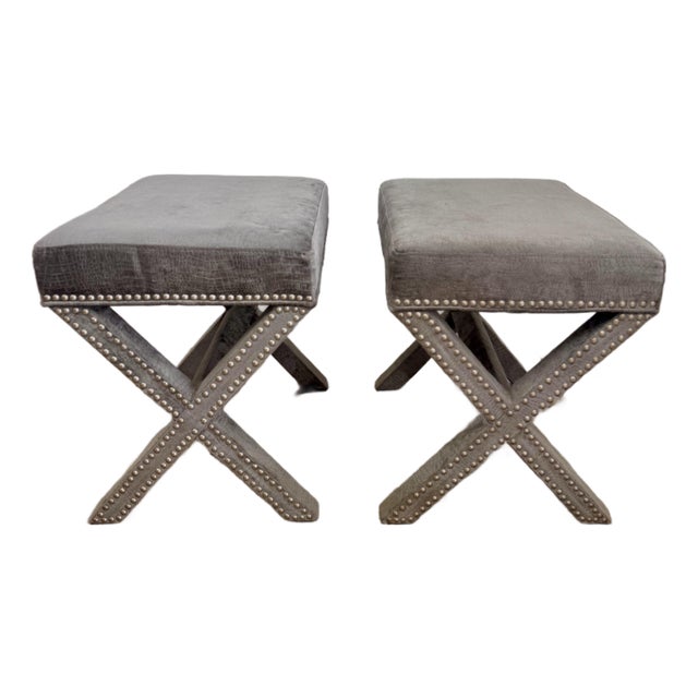 Pair of Early 2000s Faux Crocodile X-Base Benches With Nailhead Trim For Sale
