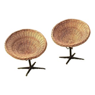 Rattan and Iron Swivel Pod Chairs, 1960s, Set of 2 For Sale