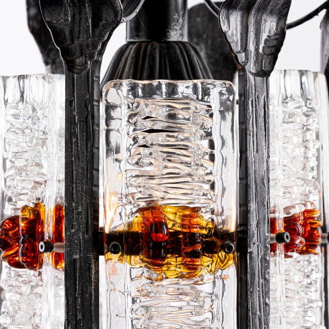 Brutalist Pendant Lamp in Wrought Iron and Colored Murano Glass attributed to Tom Ahlström & Hans Ehrich, Sweden, 1960s For Sale - Image 6 of 9