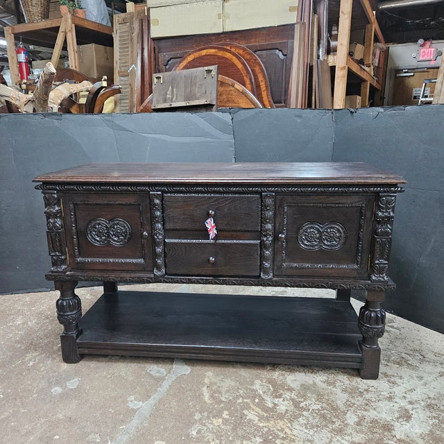 Gothic Late 19th Century English Oak Carved Sideboard With Bulbous Legs on Potboard Base For Sale - Image 3 of 18