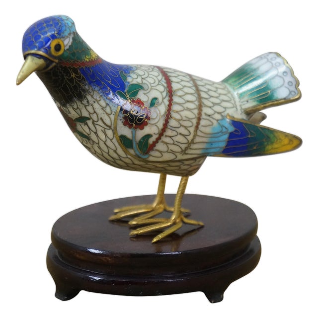 Vintage Chinese Brass Cloisonne Enamel Bird Figurine on Wood Stand 5" For Sale