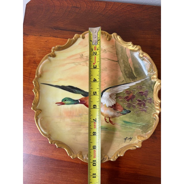 Antique Limoges Coronet France Hand Painted Mallard Duck Plate With Gilded Rococo Rim For Sale - Image 9 of 11
