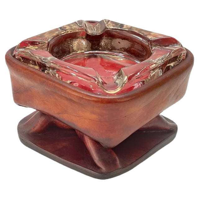 Mid-Century French Brown Leather and Glass Ashtray by Jacques Adnet, 1950s For Sale