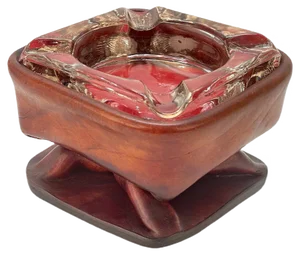 Mid-Century French Brown Leather and Glass Ashtray by Jacques Adnet, 1950s