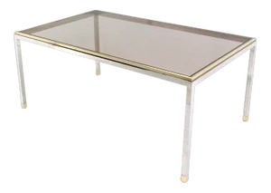 Vintage Mid Century Brass Chrome Smoked Glass Top Rectangular Dining Table