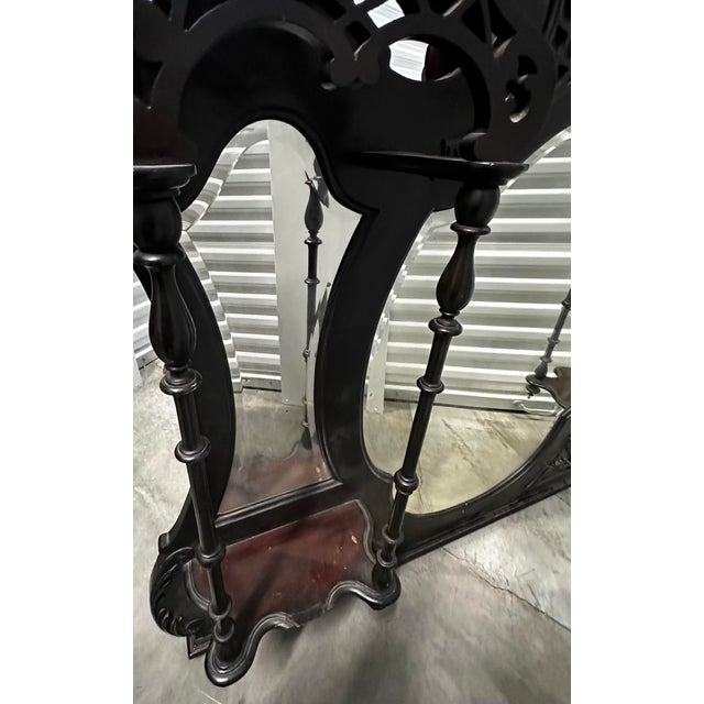 Antique Ebonized Victorian Architectural Mirror With 3 Beveled Mirrors & Shelves – Chippendale Revival For Sale - Image 9 of 12