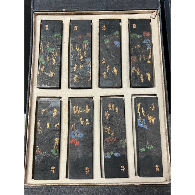 Late 20th Century Set of Sixteen Chinese Art Calligraphy Black Ink Sticks With Landscape and Poem Decoration For Sale - Image 5 of 14