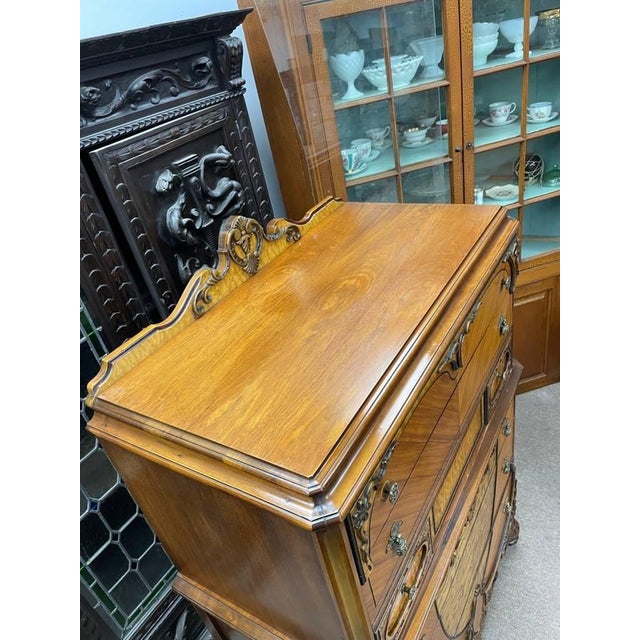 Antique 1930's Bedroom Highboy Dresser Chest of Drawers, Hand Carved Walnut, Burl Inlay For Sale - Image 4 of 13