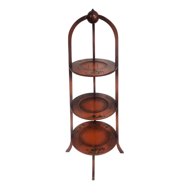 Antique English Asian Style Red & Chinoiserie Painted Muffin Stand Etegere Table For Sale