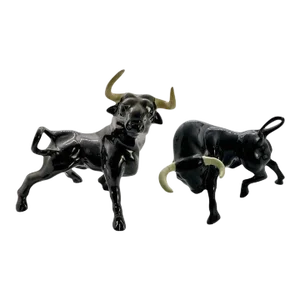 1950's Ceramic Black Bull Figurine With White Horns, a Pair