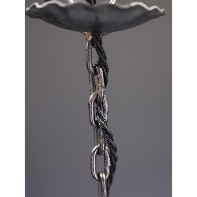 Antique Arts and Crafts Wrought Iron and Hand-Blown Amber Glass Pendant Lantern, 1890 For Sale - Image 10 of 11