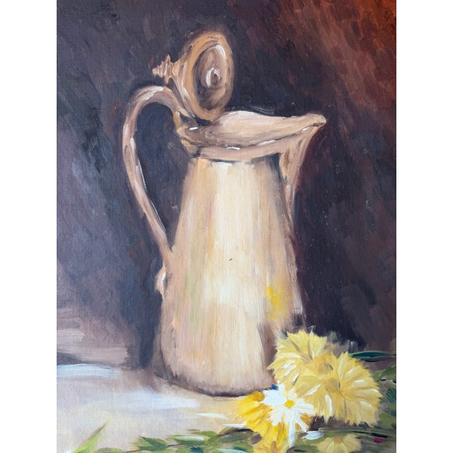 Vintage Floral & Pitcher Still Life Oil Painting on Masonite - Framed For Sale - Image 10 of 13