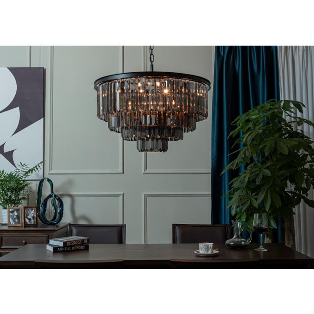 Aloadecor Modern Matte Black 4-Tier Round Fringe Chandelier With Smoke Crystal Accent For Sale In Houston - Image 6 of 7