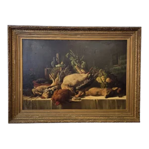 Huge 7' Long Fine Antique 1880 Oil on Canvas Still Life Painting of Animals and Food by Lucas Schaefels (Belgium 1824-1885)